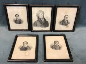 Five 19th century Swedish portrait mezzotints depicting famous artists, writers and scientists,