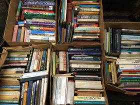 Five boxes of general books - novels, reference, design, medicine, travel, nature, gardens, coffee