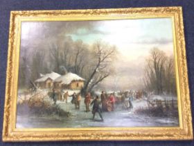 Edward Perry? nineteenth century oil on canvas, wooded winter gathering scene with figures on ice