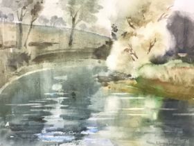 R Macdonald Scott, watercolour, river landscape, signed in pencil, mounted & framed. (18in x 13.