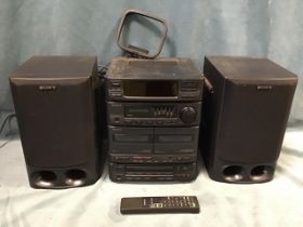 A Sony stereo hi-fi stack with tuner & aerial, graphic equaliser, double tape deck, CD player,