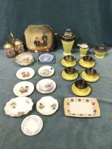 Miscellaneous ceramics - a deco part teaset, Wedgwood, entreé dishes, a twin pickle jar on stand,