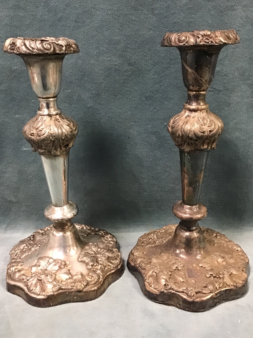 A pair of Victorian silver plated candlesticks, the foliate columns on vine cast bases - 8.5in; - Image 2 of 3