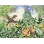 Judy Jones, watercolour, summer garden study with birds, fruit and vegetables and sleeping cat,