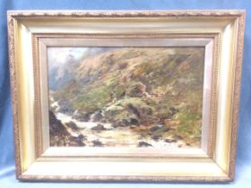 Nineteenth century oil on canvas, river landscape, unsigned, in gilt & gesso frame. (23.5in x 15.