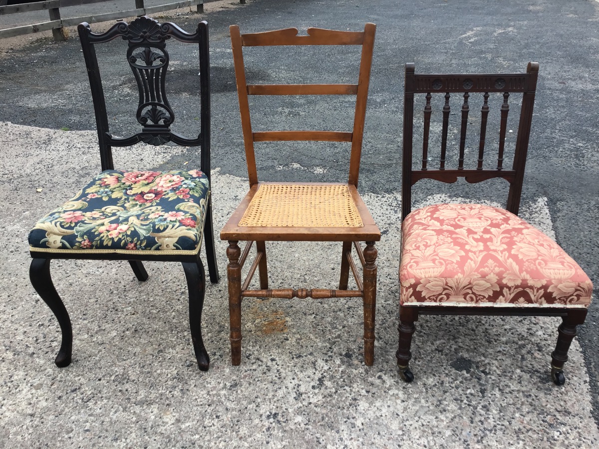 Five Edwardian chairs - a mahogany upholstered nursing chair with spindle back, a beech bedroom - Image 2 of 3