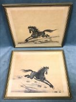 A pair of Chinese monochrome watercolour washes, galloping horses, laid down on fabric, framed. (