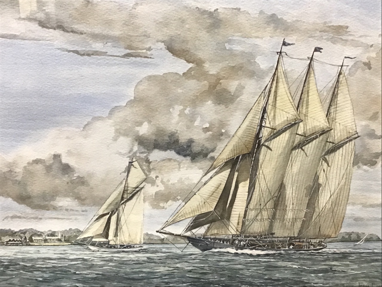 John Finch, watercolours, a pair, sailing yachts, signed, titled to verso Thee 3-masted Gaff- - Image 2 of 3