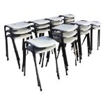 22 modern plastic seated stools, the seats on angled tubular metal legs with cappings. (22)