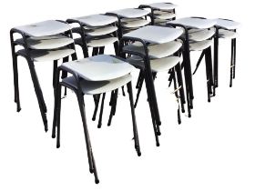 22 modern plastic seated stools, the seats on angled tubular metal legs with cappings. (22)
