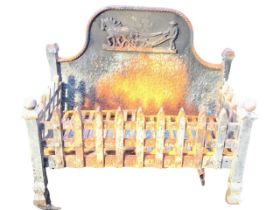 A rectangular cast iron fire basket, the arched back cast with ploughman scene, having slatted grate