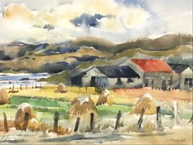 R McDonald Scott, watercolour, landscape Croft, Mentra, Ardnamurchan, the croft by a loch, signed,