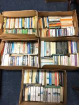 Five boxes of paperbacks - thrillers, reference, travel, contemporary fiction, The Lord of the Rings