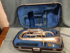 A cased Yamaha chromed tuba, model YEP.321S, the instrument with brass mouthpiece.