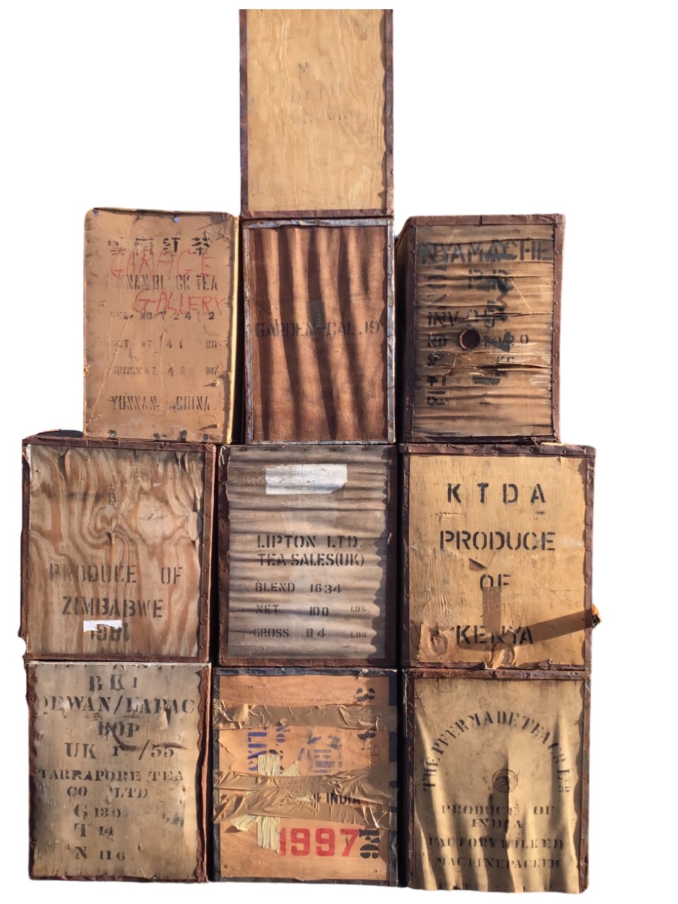 Ten miscellaneous old tea chests stencilled with various countries and cites - Kenya, London, China,