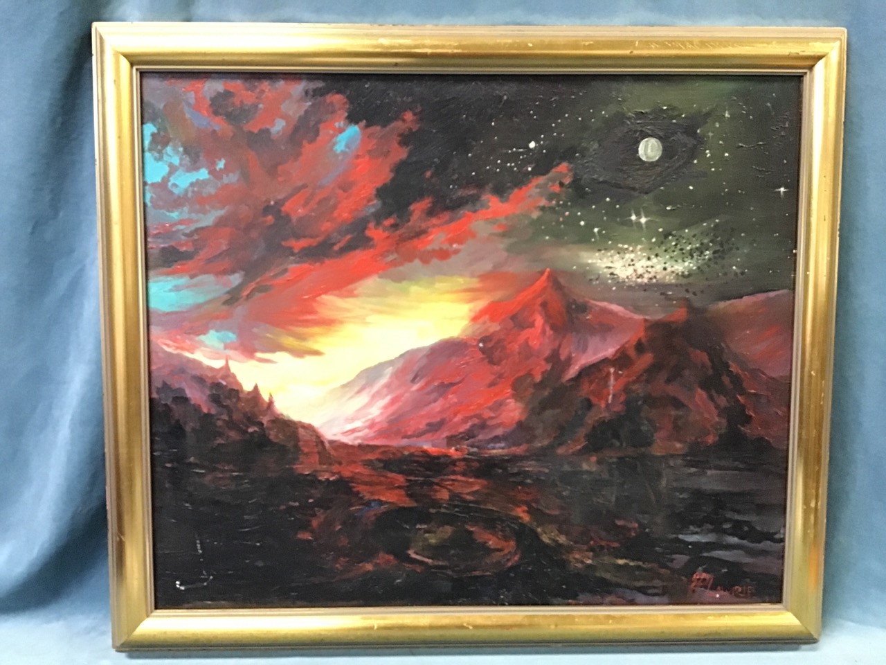 JP Laurie, oil on canvas, moonlight hill landscape, signed & gilt framed. (29.5in x 24.5in) - Image 2 of 3