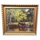 C20th oil on board, cows watering on wooded riverbank, unsigned, in gadrooned gilt frame. (8.75in