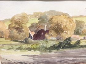 Joseph Kirsop, pen & watercolour, landscape with farmhouse, titled Near Etal, signed, mounted &