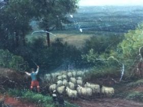 GF Bailey, oil on canvas, Scottish landscape with shepherd & sheep in foreground with dog, signed,