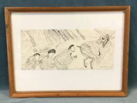 Arnold Daghani, pen and ink, an allegorical goat and fawning people, , signed, dated 1956 verso,