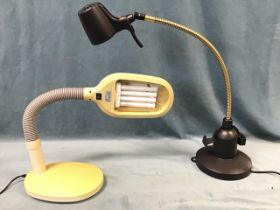 A Lifemax adjustable medical fluorescent desk lamp; and a Serious adjustable desktop reading