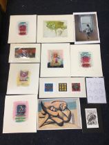 A quantity of unframed signed etchings and prints - abstract, some mounted, some with applied