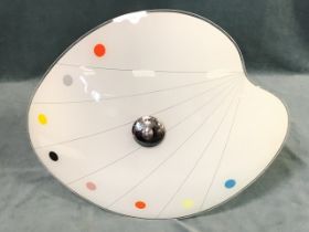 A 60s hanging light fitting with stylised glass painters palette shade having chrome mounts, with