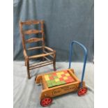 A childs ladderback chair with trefoil pieced rails above a formerly rushed seat; and a Triang