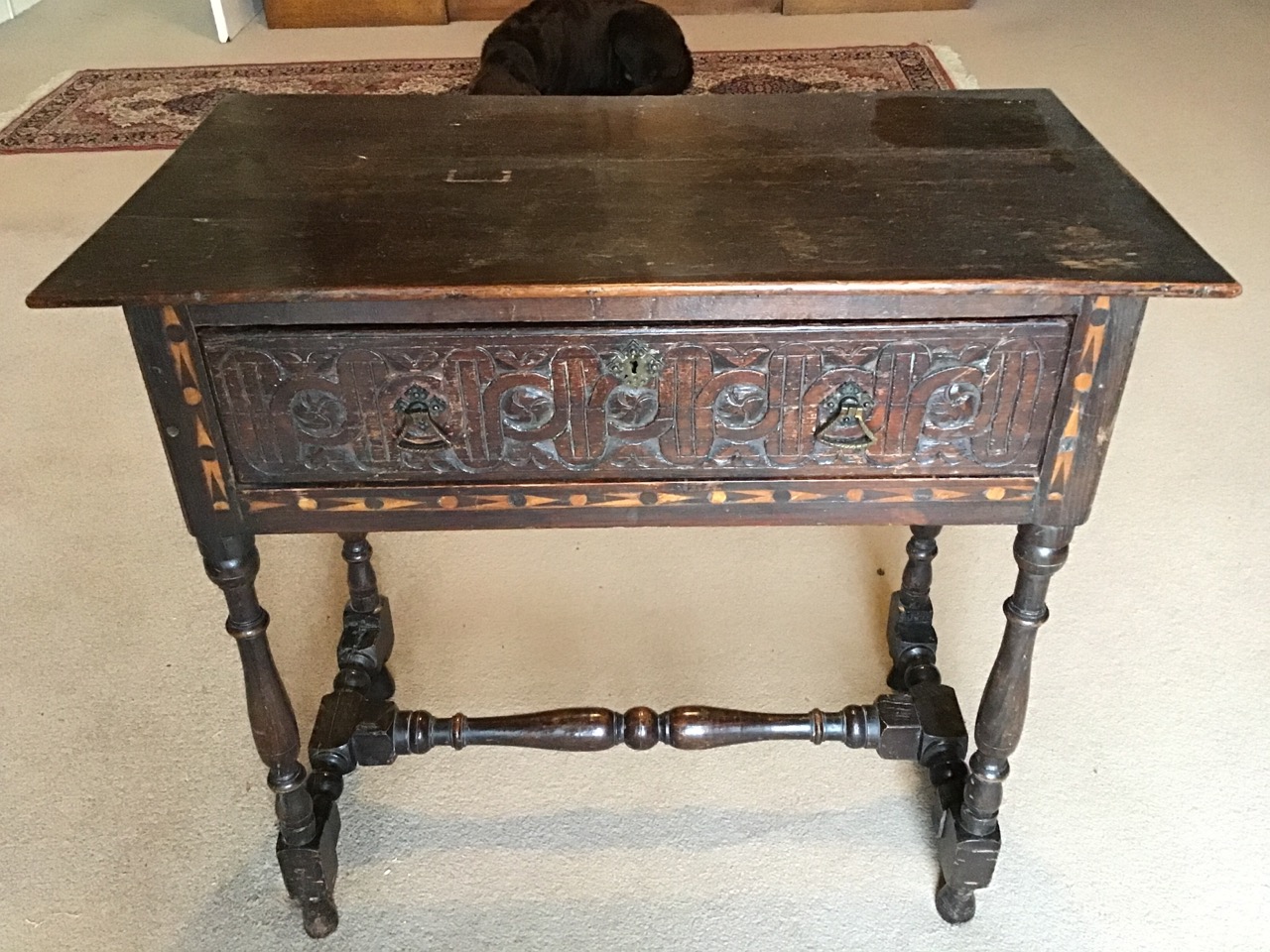 A Victorian oak side table with later alterations, the rectangular top above a blind fretwork carved - Image 2 of 3