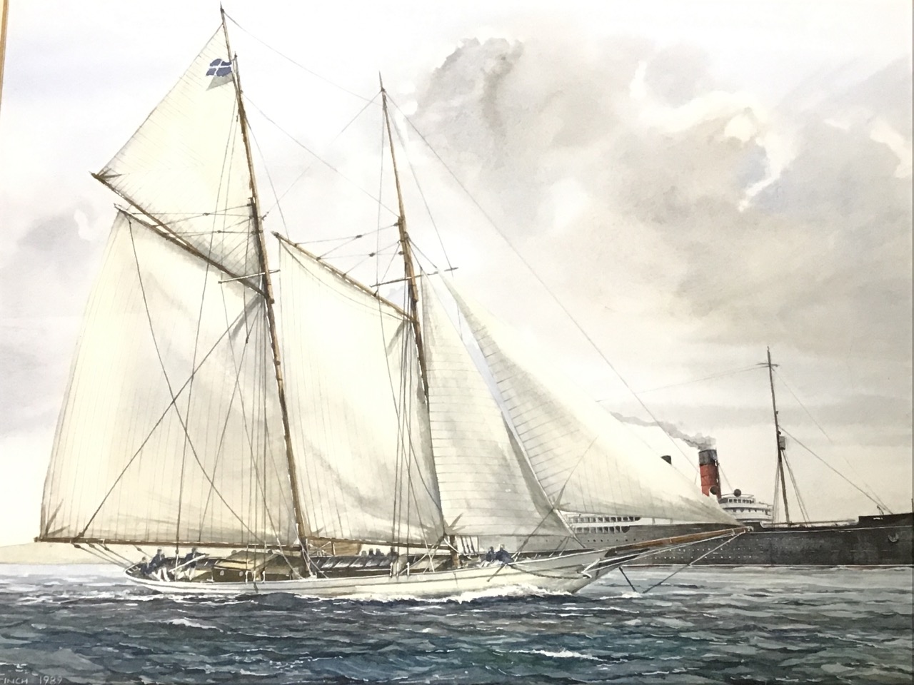 John Finch, watercolours, a pair, sailing yachts, signed, titled to verso Thee 3-masted Gaff- - Image 3 of 3