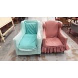 Edwardian wing back armchair with loose pink cover and another with loose blue cover (2)