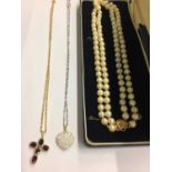 9ct gold chain with garnet cross pendant, 9ct white gold chain with diamonté heart pendant and pearl