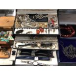 Jewellery box containing silver and amber jewellery, charm bracelet, various chains, ladies 9ct gold