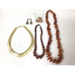 Two amber necklaces, gold plated Cleopatra necklace and two pairs of amber earrings