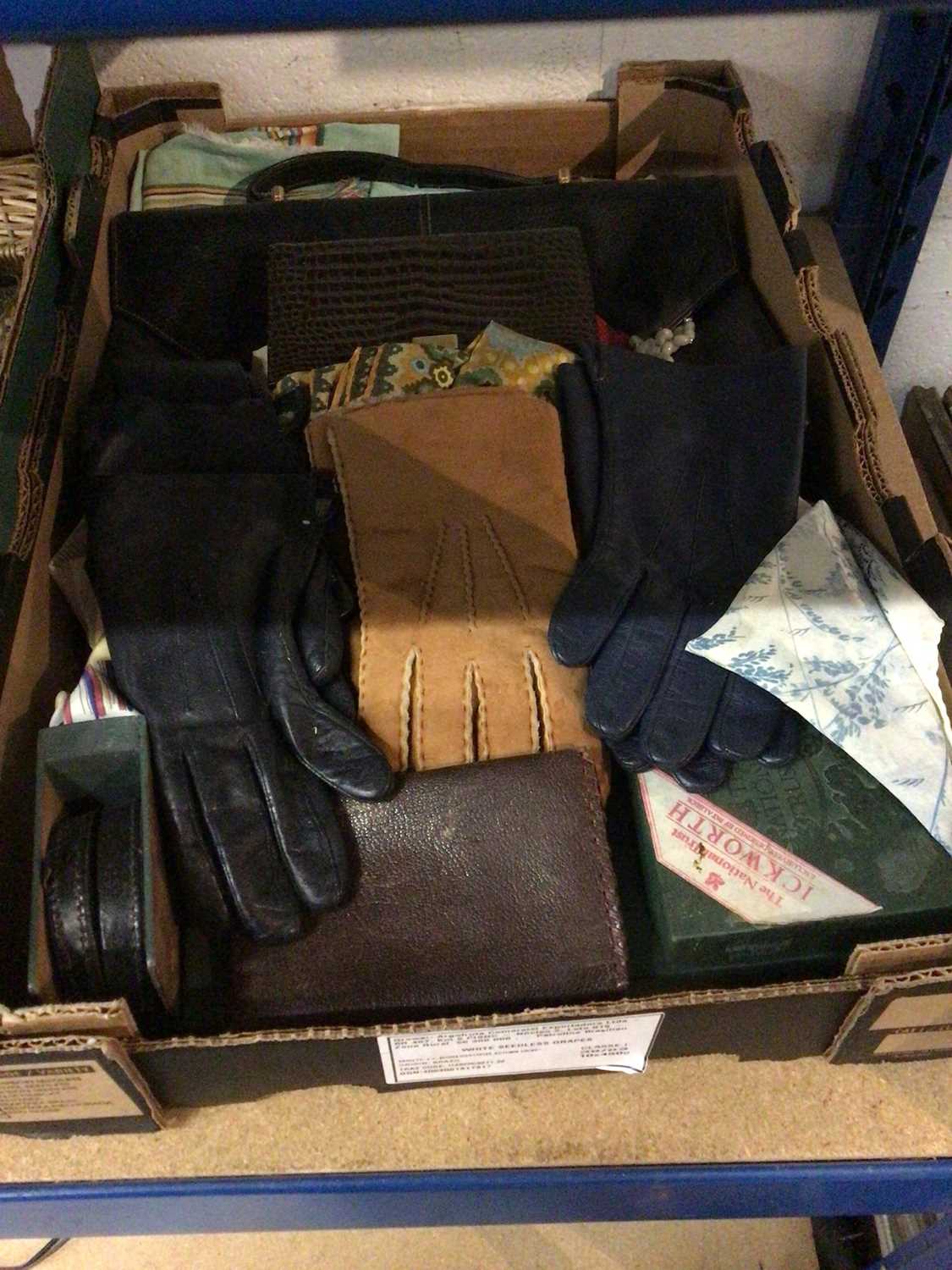 A box of brass and copper ware, a box of gloves, bags, etc, and a copper warming pan - Image 3 of 4