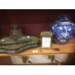 Late Victorian inkstand, together with a Chinese blue and white ginger jar and cover and a brass car