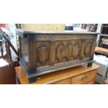 Oak blanket box with carved linenfold panelled decoration, 94cm wide, 37cm deep, 46.5cm high