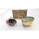 19th century brass log basket, 19th century copper coal scuttle and an embossed brass fire guard