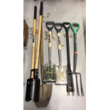 Selection of garden tools including Wilkinson spade and fork, post hole digger etc