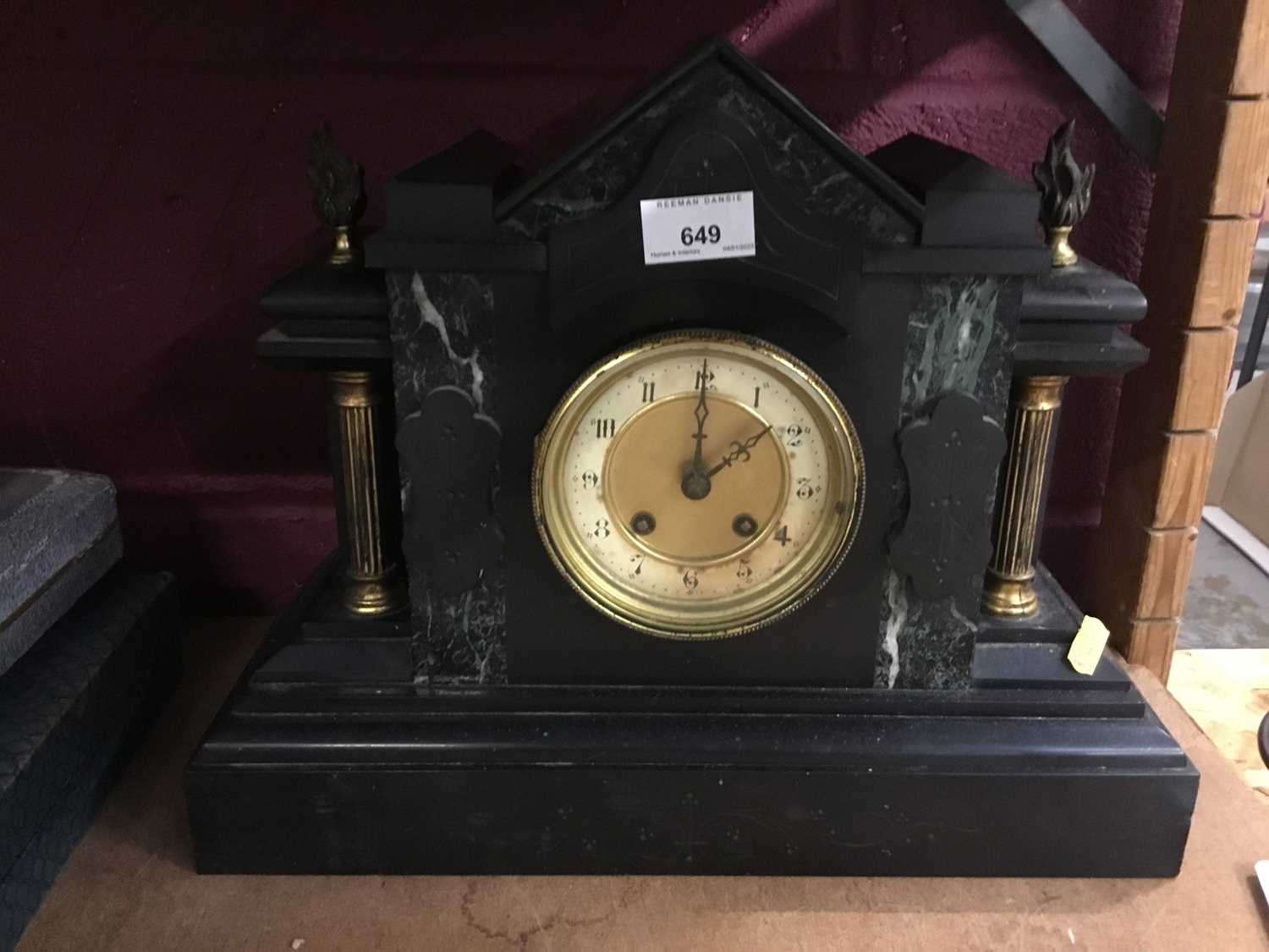 19th century black slate mantel clock and one other mantel clock (2)