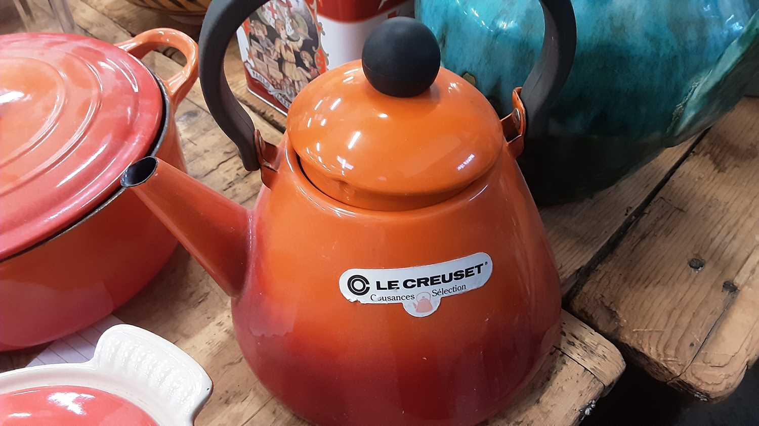 Group of Le Creuset volcano orange kettle and pans - Image 6 of 9