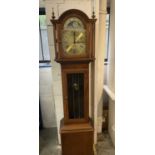 Longcase clock with German 8 day chiming movement, arched brass dial with lunar phase, retailed by F