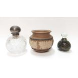 Doulton Silicon pot, cut glass scent bottle with silver lid, and four glass paperweights including M
