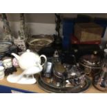 Large group of glassware, china, silver plate, etc, including a pair of continental porcelain candle