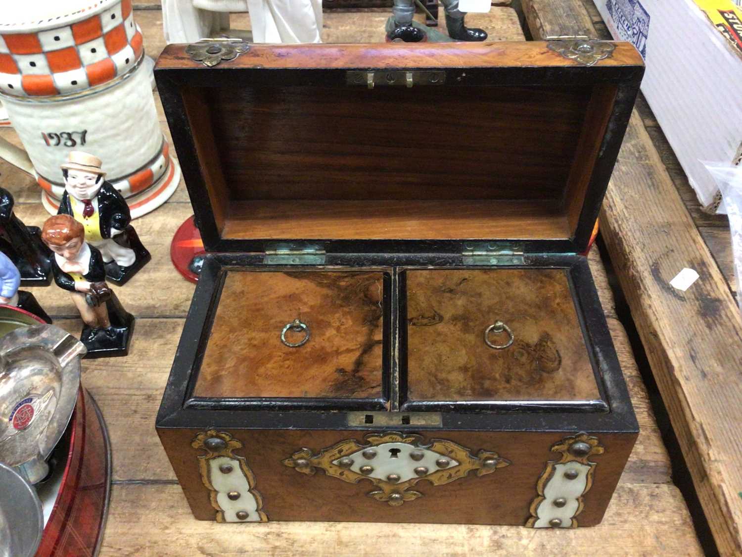 Victorian Gothic walnut dome topped tea caddy, with ivory and engraved gilt metal mounts. The hinged - Image 2 of 2