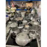 Collection of antique metal wares to in two spirit kettles on stands, pewter wares etc.