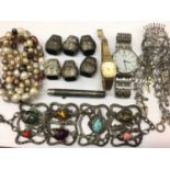 Small group of costume jewellery including continental silver brooch, multi coloured pearl necklace,