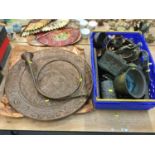 Copper hunting horn, and various antique and vintage metal wares