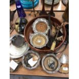 Group of mixed items to include a Bohemian cut glass decanter, silver plated salver, wine coasters a