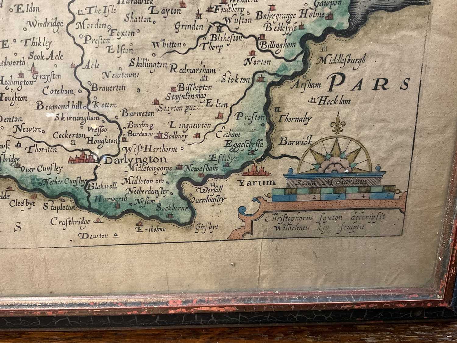 Saxton - Kipp, hand coloured engraved map - Dunelmensis, map of Durham, glazed frame - Image 3 of 4